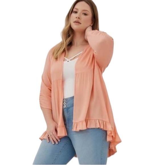 Torrid Ruffled Hem Kimono In Light Peach - Picture 1 of 8